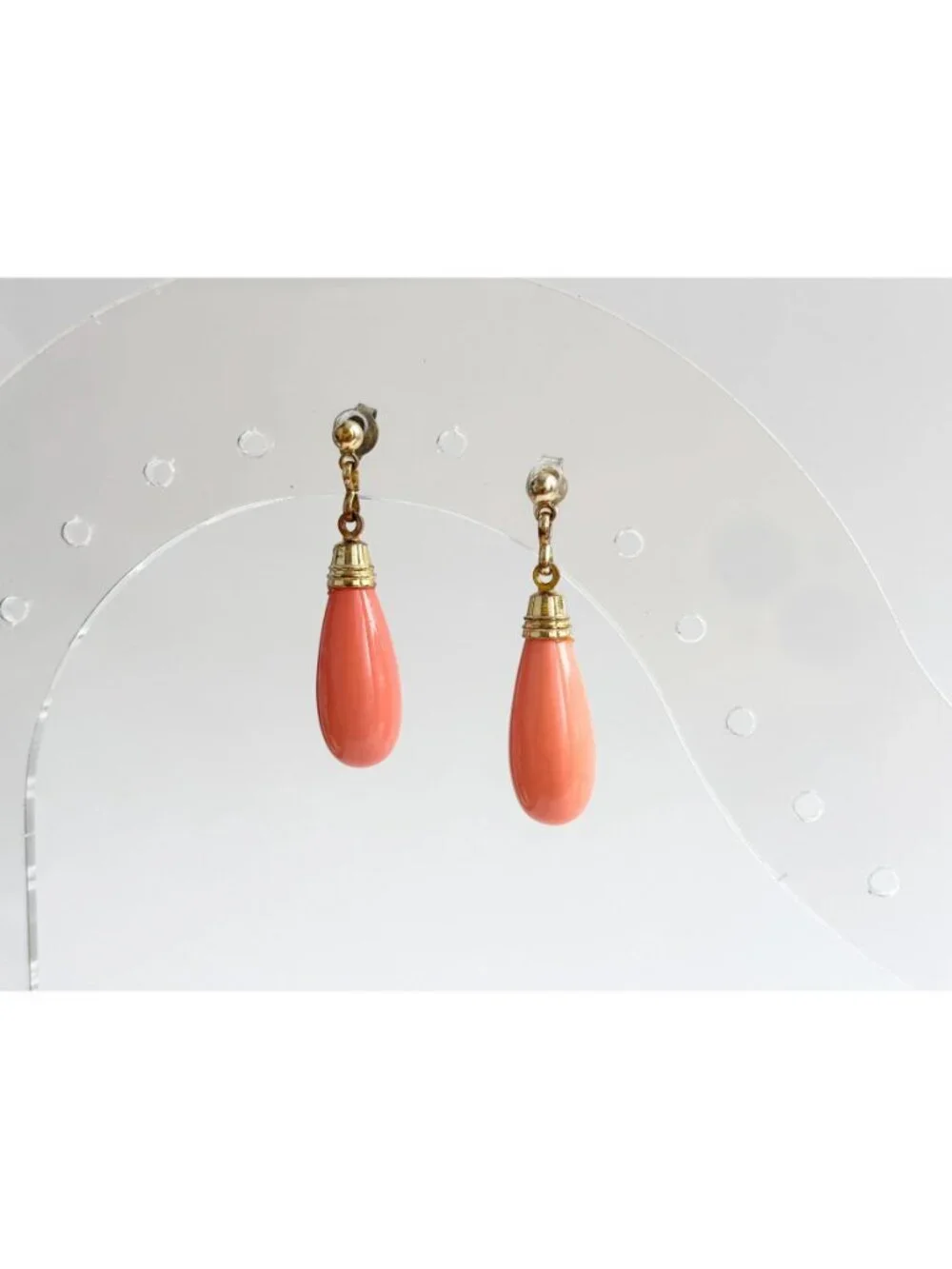 Art Deco Style Faux Coral Gold T Teardrop Vintage Sterling Silver 925 Earrings